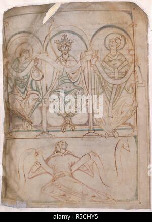 König Edgar mit Heiligen. Regularis concordia. Canterbury [Christus Kirche]; circa 1050. [Ganze folio] König Edgar, Palm in der Hand, mit St. Dunstan und St. Aethelwold unter drei Arkaden sitzen. Sie alle eine lange blättern unterstützen. Unten, eine Genuflecting Mönch, der eine ähnliche Blättern Bild von Regularis concordia übernommen. Ursprünglich veröffentlicht in Canterbury [Christus Kirche] hergestellt; circa 1050. . Quelle: Cotton Tiberius A III, w.2 v. Sprache: Latein. Stockfoto