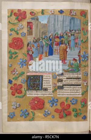 David und Musiker. Isabella Brevier. S. Niederlande [Brügge?]; ca. 1490-1497. [Ganze folio] des Psalters; Beginn der schrittweisen Psalmen. David und seine Musiker steigen die symbolische fünfzehn Schritte des Tempels; die Instrumente gehören eine Schalmei, tragbare Orgel, Harfe, Posaune und Schlagzeug- und. Psalm 119, dekoriert mit ersten 'A'. Grenzen der Trompe-l'oeil-Dekoration mit Blumen. Bild von Isabella Brevier. Ursprünglich veröffentlichte/in S. Niederlande [Brügge?] hergestellt; ca. 1490-1497. . Quelle: Hinzufügen. 18851, f.184 v. Sprache: Latein. Autor: Master der Dresdener Gebetbuch. Stockfoto