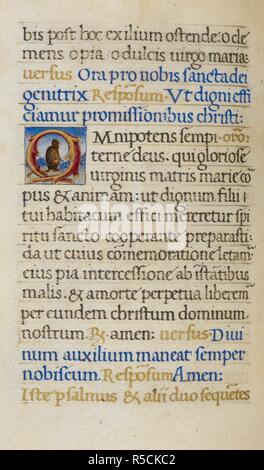 Text Seite mit ersten 'O'. Mirandola Stunden. Italien, ca. 1490-1499. [Ganze folio] Text Seite von den Stunden der Jungfrau. Erste 'O' gebildet von Branchen, die mit einem Affen Bild von Mirandola Stunden genommen. Ursprünglich veröffentlicht in Italien produziert, ca. 1490-1499. Quelle: Hinzufügen. 50002, w.49 v. Sprache: Latein. Stockfoto