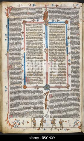 Ein Bas-de-Seite Szene der vier Affen mit Speer und Schild. Decretals von Gregor IX mit Glossa o (der "mithfield Decretals"). Frankreich, S. (Toulouse?); im letzten Viertel des 13. Jahrhunderts oder 1. Quartal des 14. Jahrhunderts. Quelle: Royal 10 E.IV, w.75 v. Sprache: Latein. Autor: Raymond von PeÃ±afort, Editor. Bernhard von Parma, glossator. Stockfoto