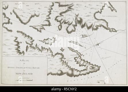 Einen Plan des Queen Charlotte Sound, auf der südlichen Seite von Cook's Straße; von lieut. James Cook, auf einer Skala von einer Meile zu einem Zoll. Karten, Pläne, Ansichten und Zeichnungen an Bord der Endeavour während Kapitän Cook's erste Reise, 1768-1771. 1770. Frau 1 w. 11 x 1 m. 3 1/2 in.; 58 x 39 cm; Maßstab 1:63 360. Die 1,6 Zoll. Quelle: Hinzufügen. 7085, Nr. 29. Stockfoto