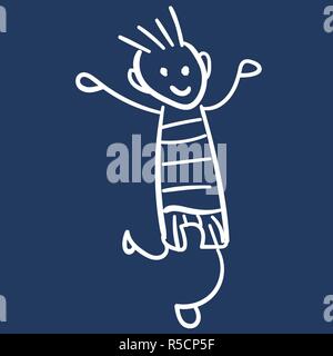 Junge in Shorts und ein T-Shirt springen. Stil der Zeichnung der Kinder. Vector Illustration. Maßbild auf einem dunkelblauen Hintergrund. Stock Vektor
