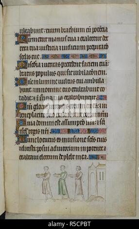 Bas-de-Seite Szene von drei Bediensteten Gerichte tragen. Psalter (die "Queen Mary Psalter"). England (London/Westminster oder East Anglia?); zwischen 1310 und 1320. Quelle: Royal 2 B VII, f200. Sprache: Latein, mit französischen Bildunterschriften. Stockfoto