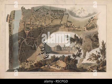 Plan der Stadt und Gemeinde von Kingston Upon Thames. Plan der Stadt Kingston upon Thames; mit Blick auf Kingston aus dem Hügel und der Marktplatz in der Nähe der Post. 1813. Quelle: Maps.K.. 40.15. 3.11. Tab. Autor: Buondelmonte, Cristoforo. Hornor, T. Stockfoto