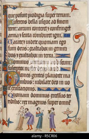 Psalm 46; Beschneidung Christi. Luttrell Psalter. England [East Anglia]; ca. 1325-1335. [Ganze folio] Ende von Psalm 45. Psalm 46, beginnend mit der ersten "O", König David, gekrönt mit einer Gruppe von sieben Männern vor ihm und applaudieren. Grenze Dekoration mit einem Vogel groteske Im äußeren Rand. Im unteren Rand, ein bärtiger Mann mit einem goldenen Messer packt das Kind Christus, in die Arme der Jungfrau, die trägt eine dreieckige Rise. Neben ihnen sind zwei Männer, von denen einer Getränke aus einem goldenen Kelch, vielleicht signifiying die Eucharistie Bild von Luttrell Psalter entnommen. Ursprünglich veröffentlichte/Pr Stockfoto