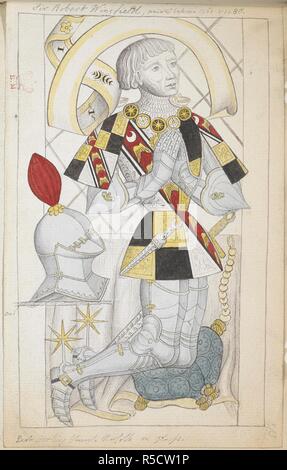 Sir Robert Wingfield kniend in der Haltung des Gebets in der Platte Rüstung und heraldische surcoat gekleidet. Zeichnung eines Spenders Bild auf einem Glasfenster im East Harling Kirche, Norfolk. Sir Robert Wingfield war ein Yorkist Knight, und im Zeichen seiner Yorkist Sympathien er trägt ein Halsband aus abwechselnd weißen Rosen und sunbursts. Eine Sammlung von alten Kostüme... von Denkmäler, Skulpturen... 15. Jahrhundert circa. 1461 - 1480. Quelle: Hinzufügen. 6728 w.213. Stockfoto