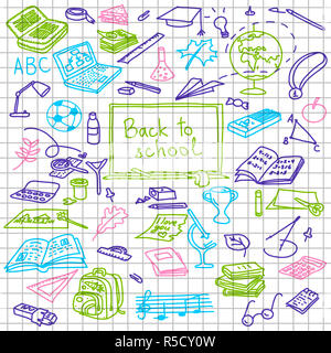 Zurück zu Schule, Handgezeichnete farbige Silhouetten auf kariertem Papier, Skizze, Doodle Stockfoto