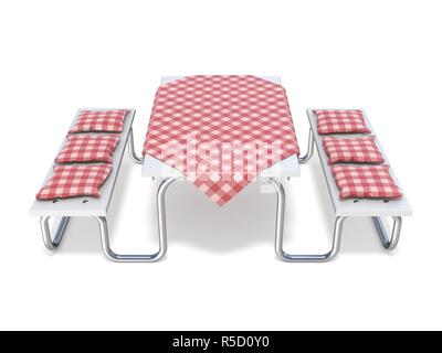 Picknick Tisch mit roten Tisch Decken und Kissen. 3D Stockfoto