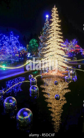 Vancouver, Kanada. 30 Nov, 2018. Ein Besucher nimmt Fotos mit Licht Dekorationen an der VanDusen Botanical Garden in Vancouver, Kanada, November 30, 2018. Über eine Million Lichter bedeckt über 15 Hektar von Vancouvers VanDusen Botanical Garden als das "Festival der Lichter" für seine 34 Jahre zurück. Credit: Liang Sen/Xinhua/Alamy leben Nachrichten Stockfoto