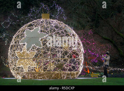 Vancouver, Kanada. 30 Nov, 2018. Ein Besucher nimmt Fotos mit Licht Dekorationen an der VanDusen Botanical Garden in Vancouver, Kanada, November 30, 2018. Über eine Million Lichter bedeckt über 15 Hektar von Vancouvers VanDusen Botanical Garden als das "Festival der Lichter" für seine 34 Jahre zurück. Credit: Liang Sen/Xinhua/Alamy leben Nachrichten Stockfoto