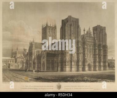 Wells Cathedral zeigt die zwei quadratische Türme flankieren die West End, mit Winkel Strebepfeiler mit Statuen von Heiligen in Nischen eingerichtet, der quadratische Turm über das Querschiff dahinter. Eine Zahl, die sich auf einem Pfad von einem torbogen unter einer Galerie, die von der Linken in die achteckige Kapitel Haus auf der südöstlichen Ecke und vier Persönlichkeiten, darunter ein Kleriker, zu Fuß in Richtung des Gebäudes. Auf der rechten Seite Reverend Richard BEADON D.D. Herrn Bischof von Bath und Wells; das North West Ansicht der: KATHEDRALE VON WELLS ist mit Genehmigung die meisten demütig gewidmet, die von Seiner Herrschaft verpflichtet und gewidmet Stockfoto