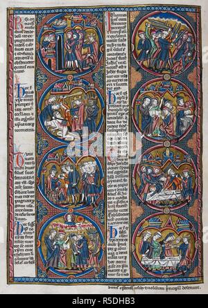 Biblische Szenen und moralizations in einer Serie von acht roundels. Bibel moralisÃ©e (Abschnitt des Oxford-Paris - London Bibel moralisÃ © e), enthält 1 Makkabäer 1 Makkabäer 14:57-2:46. Frankreich, Zentrale (Paris); 2. Quartal des 13. Jahrhunderts. Quelle: Harley 1526, f, 24 v. Sprache: Latein. Stockfoto