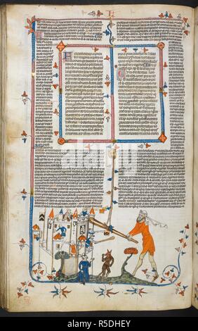 Ein Bas-de-Seite Szene eines riesigen Angriff auf eine Burg mit einem Club. Decretals von Gregor IX mit Glossa o (der "mithfield Decretals"). Frankreich, S. (Toulouse?); im letzten Viertel des 13. Jahrhunderts oder 1. Quartal des 14. Jahrhunderts. Quelle: Royal 10 E.IV, w.111 v. Sprache: Latein. Autor: Raymond von PeÃ±afort, Editor. Bernhard von Parma, glossator. Stockfoto