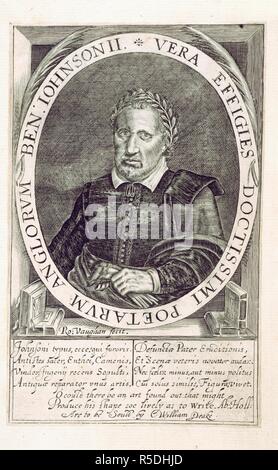 Ben Jonson. Die granitblock von beniamin Jonson. [Vol. 1.]. Durch die Stansby: London, 1616. Ben Jonson (1572-1637). Englischer Dramatiker. Porträt. Bild aus dem Granitblock von beniamin Jonson genommen. [Vol. 1.]. Ursprünglich veröffentlicht in der Prägung durch die Stansby: London, 1616 produziert. . Quelle: G11630, frontispiz. Sprache: Englisch. Stockfoto