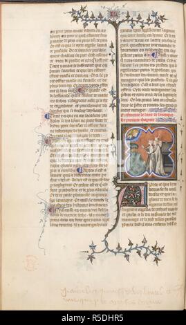 Gott sprach zu Mose und Aaron. Bibel. Frankreich ; circa 1377. [Ganze folio] Gott sprach zu Mose und Aaron und vor die Wohnung. Teil des Buches Exodus, durch das Buch Levitikus gefolgt, beginnend mit der ersten 'A' Bild von der Bibel entnommen. Ursprünglich veröffentlicht in Frankreich hergestellt; circa 1377. . Quelle: Lansdowne 1175, w.53 v. Sprache: Französisch. Stockfoto