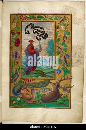 Abbildung: Die erste Abhandlung. Ein Philosoph mit Kolben und Blättern, in einer Landschaft stehen. Grenze Dekoration mit Blumen, Vögel, darunter eine Eule und Peacock, und am Fuß, ein Hirsch und Reh. Splendor Solis. Deutschland; 1582. Quelle: Harley 3469, f 4. Sprache: Deutsch. Autor: Trismosin, Salomon. Stockfoto