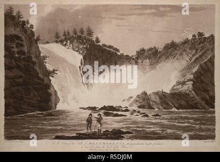 Zwei Zahlen, eins Rauchen einer Pfeife, vor Montmorency Falls, Kanada stehen; Bäume in der Ferne. Ein Blick auf die Fälle von MONTMORENCI, die senkrechte Höhe ist 240 Meter von der Ebene des Flusses. [London]: veröffentlichen würde, da die Handeln leitet, von J. Brunnen, Nr. 22, Charing Cross. [Um 1785]. Aquatinta und Ätzen. Quelle: Karten K. Top. 119.44. c. Sprache: Englisch. Autor: Peachey, James. Stockfoto