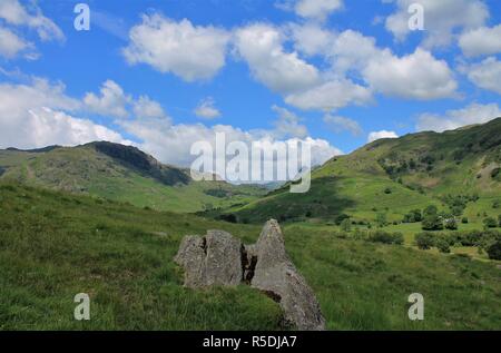 Großbritannien Little Langdale Valley. Englischen Lake District, Cumbria. Blick in die Ferne Langdale Pikes aus Little Langdale Valley. Lake District in Großbritannien Stockfoto