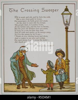 Die Kreuzung Sweeper. Ein Hindu Kehrmaschine. Abbildung von â € "London Stadt €™. London Town. Marcus Ward & Co.: London, 1883. Bild von: London Town. Verse von Felix Leigh. Quelle: 12805.9, Seite 50. Thema: Kran, Thomas. Stockfoto