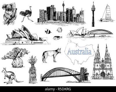 Satz von Hand gezeichnete Skizze stil Australien thematische Objekte auf weißem Hintergrund. Vector Illustration. Stock Vektor