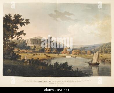 Ein Segelboot auf dem Wasser; die Zahlen und ein Hund im Vordergrund; Rinder grasen in der Mitte; Arundel Castle in der Ferne; Bäume in der gesamten Szene. Ein South West View von Arundel Castle, Sussex, der Sitz Seiner Gnade, der Herzog von Norfolk aus der Brighton Road genommen. [Chichester]: Veröffentlicht Sep 1 1815 von G. Moore, Carver & Gilder, Ihre königliche Hoheit die Prinzessin Charlotte von Wales, North Street, Chichester., [1 September 1815]. Aquatinta und Ätzen mit hand-Färbung. Quelle: Karten K. Top. 42.12. d. Sprache: Englisch. Autor: Jeakes, J. Stockfoto