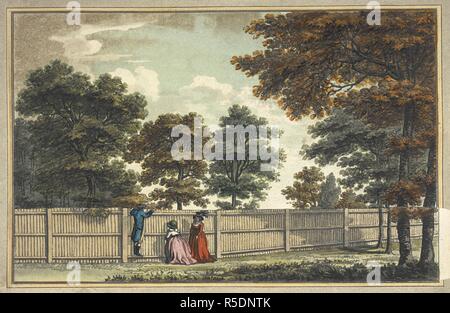 Ein Mann guckte über einen Zaun und eine Frau, die versucht, durch die es zu betrachten. Skizzen und Hinweise auf Gartenbau, etc. London, [1794]. Quelle: 61. e.18. Autor: REPTON, Humphrey. Stockfoto