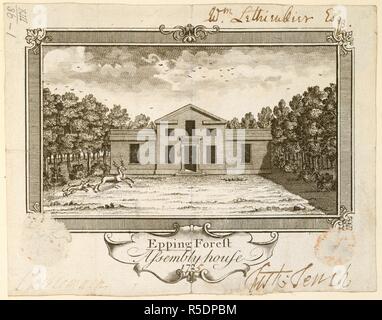 Ein Ticket für den Eintritt in Epping Forest Montage Haus; die Montage Haus mit Gras vor; Jagdhunde Jagd ein Hirsch im Vordergrund; Bäume auf beiden Seiten. Epping Forest Montage Haus. [England]: [Herausgeber nicht identifiziert], [ca. 1725]. Ätzen und Gravieren. Quelle: Karten K. Top. 13.36.1. Sprache: Englisch. Stockfoto