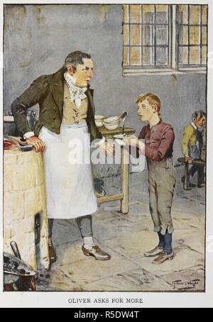 'Oliver fordert mehr'. Abbildung für 'Oliver Twist'. Die Kinder Dickens Geschichten ausgewählt, die aus verschiedenen Geschichten [mit Bildern]. London: Henry Frowde und Hodder & Stoughton, [1909]. Quelle: 12613.dd.22 Seite 7. Sprache: Englisch. Stockfoto