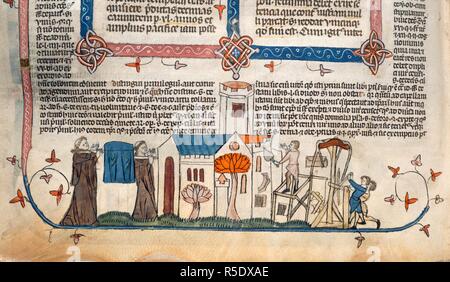 Detail einer Bas-de-Seite Szene von Männern eine Kirche zu errichten, und zwei Mönche, die eine Belastung für die Pole. Decretals von Gregor IX mit Glossa o (der "mithfield Decretals"). Frankreich, S. (Toulouse?); im letzten Viertel des 13. Jahrhunderts oder 1. Quartal des 14. Jahrhunderts. Quelle: Royal 10 E.IV, f 289 v. Sprache: Latein. Stockfoto