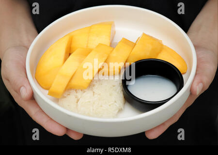 Thailändisches Dessert, reife Golden Mango mit klebrigem Reis in Kokosmilch Anruf Khao Neauw Mamoung in Thai Stockfoto