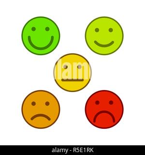 Gesicht Emoticons für Rate von Zufriedenheit, fünf bunten grade Smileys isoliert auf weißem Stock Vektor