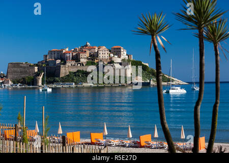 Frankreich, Korsika, Haute-Corse Abteilung, La Balagne Region, Calvi, Port de Plaissance Yachthafen mit Blick auf die Zitadelle aus dem Golfe de Calvi-Golf Stockfoto