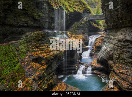 Von bunten gefallenen Blätter im Herbst, Wasser taucht und Kaskaden durch eine felsige Schlucht bei Rainbow Watkins Glen State Park fällt in die Finger Umgeben Stockfoto