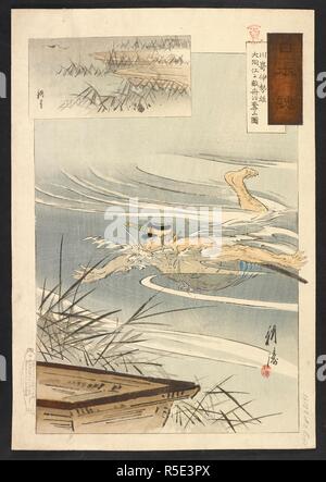 'Japanischen Geist': Kawasaki Ise stiehlt ein feindliches Boot am Taedong. Yamato-damashii: Kawasaki Iseo DaidÅkÅ de tekishÅ "o ubau nicht zu. Dezember 1894. Quelle: 16126.d.2 (15). Sprache: Japanisch. Autor: ÅOEkura KÅtÅ. Stockfoto