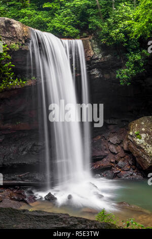 Gurke fällt, einen schönen Wasserfall in der Pennsylvania Ohiopyle State Park, stürzt über einen überhängenden woodland Cliff. Stockfoto