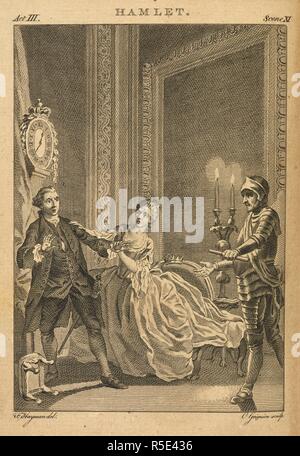 Weiler. Act 111. Szene IX. Gravur. Drei Akteure spielen eine Szene auf der Bühne von Hamlet von William Shakespeare. Eine Frau und zwei Männer. . Hamlet von William Shakespeare. London, 1773. Hamlet, Prinz von Dänemark. ... Charles Jennens. Quelle: 80. 23. (2). Sprache: Englisch. Stockfoto