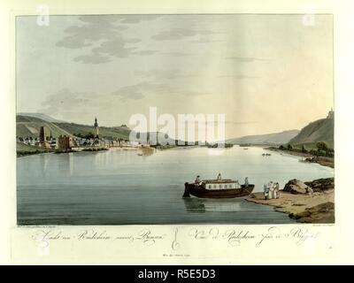 Vier Passagiere warten auf eine Fähre, die durch den Rhein im Vordergrund. Ein Blick auf die Stadt RÃ¼desheim, die Kirche des Hl. Jakob (Pfarrkirche St. Jakobus) und die Ruinen von BrÃ¶mserburg im Hintergrund das Schloss auf der linken Seite, und Bingen in der Ferne gesehen. Ansicht von RÃ¼desheim mit Bingen = Vue de RÃ¼desheim prÃ¨s de Bingen. Wien: bey Artaria Comp., [1798] handkolorierte Radierung. Quelle: Karten 6.Tab.12, Platte 11. Sprache: Deutsch und Französisch. Autor: Ziegler, J. Stockfoto