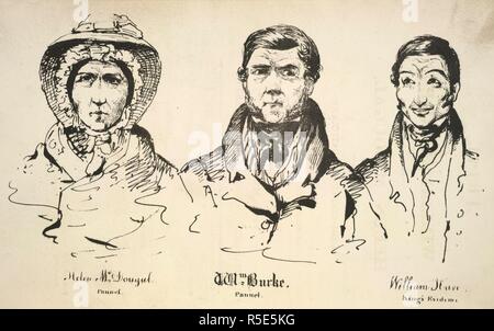 McDougal, Burke und Hare. Testversion von William Burke und Helen M'Dougal, vor. Robert Buchanan: Edinburgh, 1829. Helen McDougal; William Burke (1792-1829) und William Hare (d. 1860). Burke und Hare verpflichtet, eine Reihe von Morden, die Versorgung der Leichen zu Dr. Robert Knox, der Anatom, für das Präparieren. Hase drehte King's Beweise. Burke wurde gehängt. Bild vom Versuch von William Burke und Helen M'Dougal, vor dem hohen Gericht von Justiciary, Edinburgh am 24. Dezember. 1828, für die Ermordung von Margery Campbell, oder Docherty. In kurzer Hand von Herrn John macnee getroffen, die mit Portraits, etc. (Ergänzung zu t Stockfoto