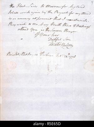 Brief von Lord Nelson. Nelson Papers, Vol.Lxxxvii. Jamaika [Kingston]; 1778. [Ganze folio] Autogramm Schreiben vom Lord Nelson zu seinem Vater, der Pfarrer Edmund Nelson, über den Tod seines Onkels, Maurice Saugen, Comptroller der Marine. H.M.S. Bristol, Port Royal Harbour, 24. Oktober 1778 Bild von Nelson Papers, Vol.Lxxxvii. Ursprünglich veröffentlicht in Jamaika [Kingston] produziert; 1778. . Quelle: Hinzufügen. 34988, f 7. Sprache: Englisch. Stockfoto