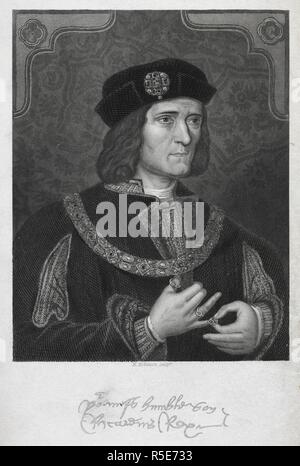 Porträt von König Richard III. Dies ist eine Reproduktion der Malerei an der National Portrait Gallery gehalten, von einem unbekannten Künstler. Wie auf der NPG Website erklärte: "Dieses Portrait, in der Er zu sein scheint, ein Ring auf dem kleinen Finger seiner rechten Hand, wurde von einigen als Beweis für seine grausamen Natur und von anderen als Beweis für seine Menschlichkeit" gesehen. Richard III. als Herzog von Gloucester und König von England/von Caroline A. Halsted. London: Longman, Braun, Grün, und Longmans, 1844. Quelle: 1448.h. 4 Frontispiz. Autor: Halsted, Caroline Amelia. Stockfoto