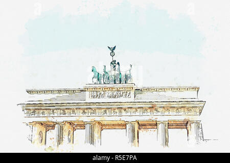 Ein Aquarell Skizze oder Abbildung: Das Brandenburger Tor in Berlin, Deutschland. Architektonisches Monument, das sich im historischen Zentrum von Berlin. Stockfoto
