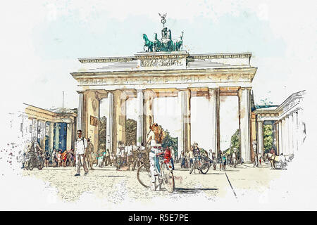 Ein Aquarell Skizze oder Abbildung: Das Brandenburger Tor in Berlin, Deutschland. Architektonisches Monument, das sich im historischen Zentrum von Berlin. Stockfoto