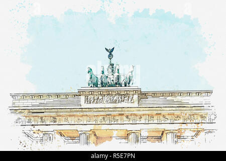Ein Aquarell Skizze oder Abbildung: Das Brandenburger Tor in Berlin, Deutschland. Architektonisches Monument, das sich im historischen Zentrum von Berlin. Stockfoto
