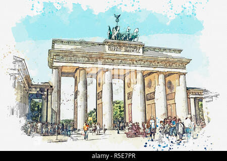 Ein Aquarell Skizze oder Abbildung: Das Brandenburger Tor in Berlin, Deutschland. Architektonisches Monument, das sich im historischen Zentrum von Berlin. Stockfoto