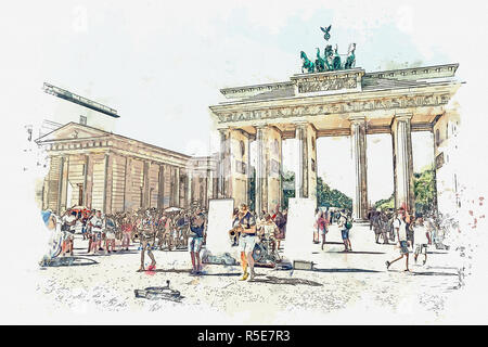 Ein Aquarell Skizze oder Abbildung: Das Brandenburger Tor in Berlin, Deutschland. Architektonisches Monument, das sich im historischen Zentrum von Berlin. Stockfoto