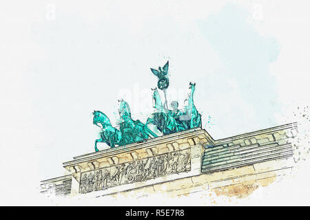 Ein Aquarell Skizze oder Abbildung: Das Brandenburger Tor in Berlin, Deutschland. Architektonisches Monument, das sich im historischen Zentrum von Berlin. Stockfoto