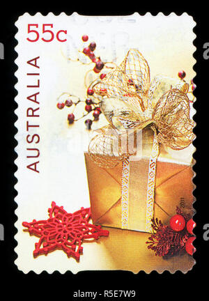 Australien - ca. 2011: einen gebrauchten Briefmarke aus Australien, zeigt eine Abbildung der Geschenke und Geschenke, Weihnachten feiern, circa 2011. Stockfoto