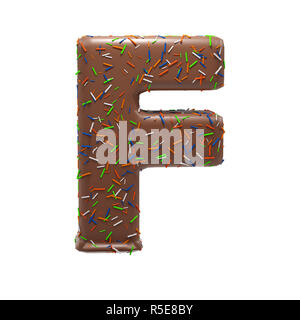 Chocolate Cake Donut Font mit bunten Streuseln. Köstliche Schreiben F. 3D-Render Abbildung. Stockfoto