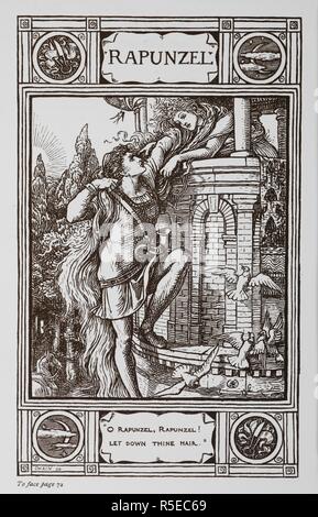 Rapunzel lehnt sich aus dem Fenster eines Turms, während ein Prinz bis ihr Haar klettert. . Haushalt Geschichten, aus der Sammlung der Gebr. Grimm: Aus dem Deutschen übersetzt von L. Kran; und in Bilder von W. Crane getan. London: Macmillan & Co., 1882. Quelle: 12411. g.5. auf Seite 72. Thema: Kran, Walter. Kran, Lucy. Stockfoto