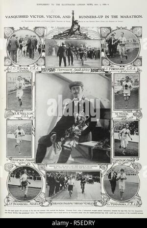 "Besiegte Victor, Victor und Vizemeister im Marathon. Auf dieser Seite erscheinen die Portraits der ersten zehn Läufer, die das Stadion erreicht. Dorando Pietri, eigenen Preis der Königin - Sieger im Marathonlauf, mit der Tasse, die er von ihrer Majestät empfangen.'. Illustrated London News ergänzen. August 1st, 1908. Quelle: Illustrated London News ergänzen. Sprache: Englisch. Stockfoto